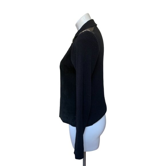 Vintage 90s Black Rib Knit Suede Jacket Cardigan Small - Picture 3 of 6